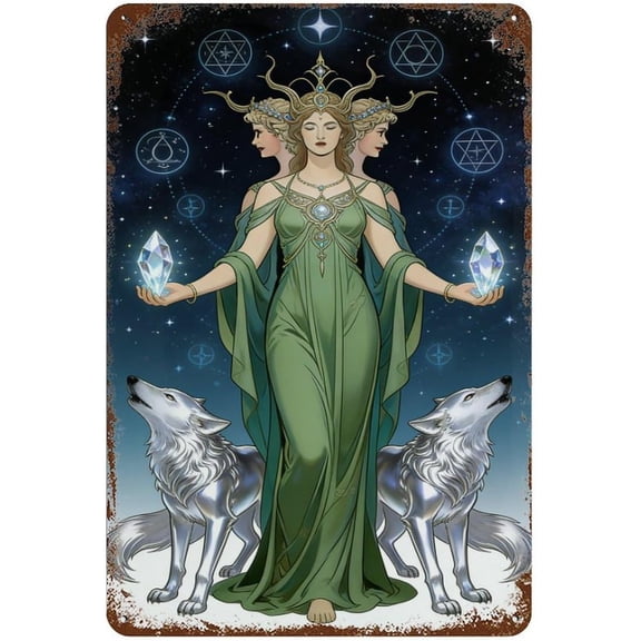Triple Goddess Crystal Wolves Celestial Retro Metal Tin Sign Plaque, Witchy Wall Decor, 8x12 Inch