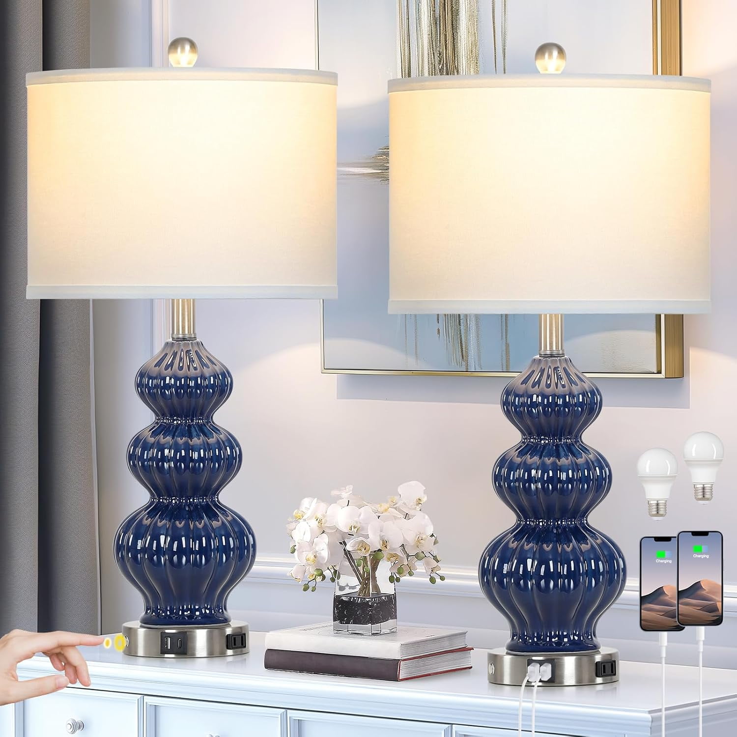 Triple Gourd Ceramic Table Lamps Set of 2, Modern Blue Bedside Lamps with USB A+C Ports & AC Outlet, 3 Way Touch Control Contemporary Nightstand Lamps for Bedroom Living Room
