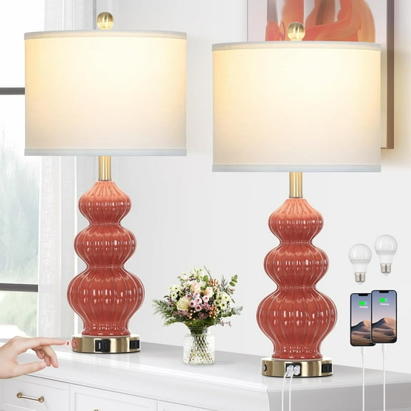 Triple Gourd Ceramic Table Lamps Set of 2, Modern Orange Bedside Lamps with USB A+C Ports & AC Outlet, 3 Way Touch Control Contemporary Nightstand Lamps for Bedroom Living Room