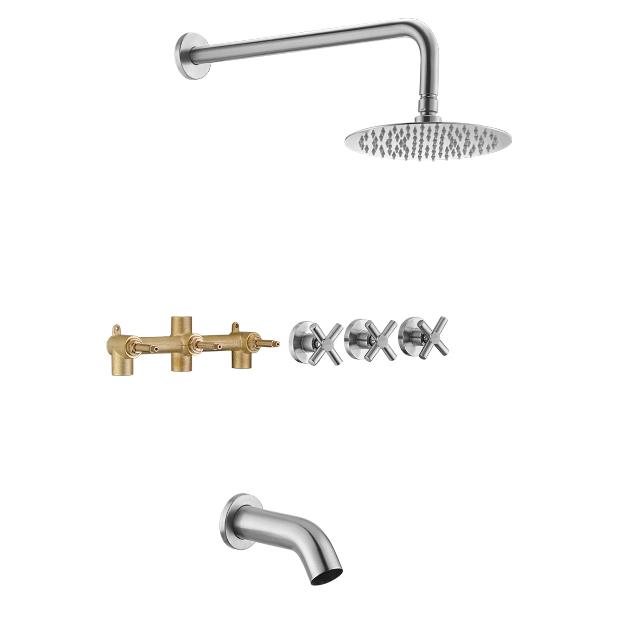 Brushed Nickel Rain Shower System with Triple Cross Handles