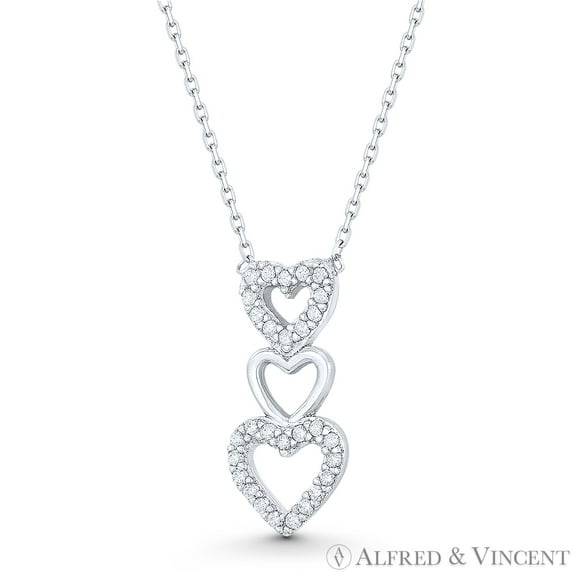 Triple-Heart Charm CZ Crystal Charm Pendant & Necklace in .925 Sterling Silver w/ Rhodium