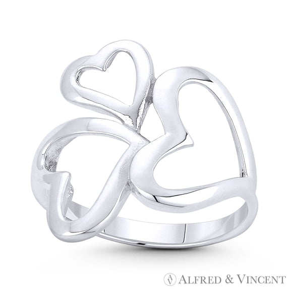 Triple Heart Cluster Love Charm Right-Hand Statement Promise Ring in .925 Sterling Silver