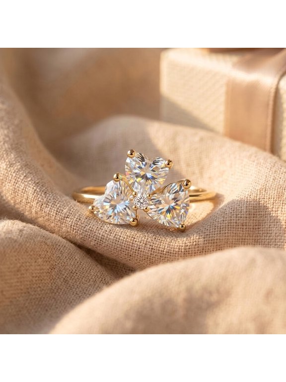 Triple Heart Moissanite Ring, Yellow Gold Plated 925 Sterling Silver, Dainty Engagement Ring, Statement Bridal Ring, Floral Clover Ring, Romantic Gift for Her