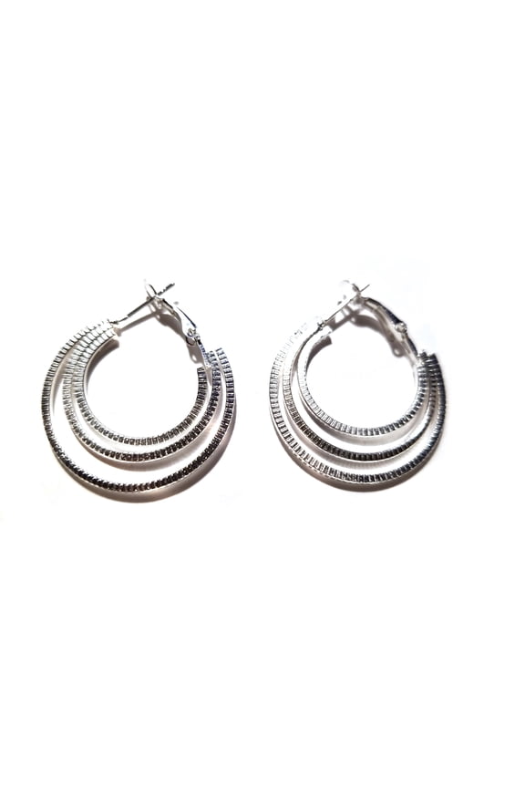 Triple Hoop Earrings Silver tone Ridged Hoops 1.25 inch Hoop