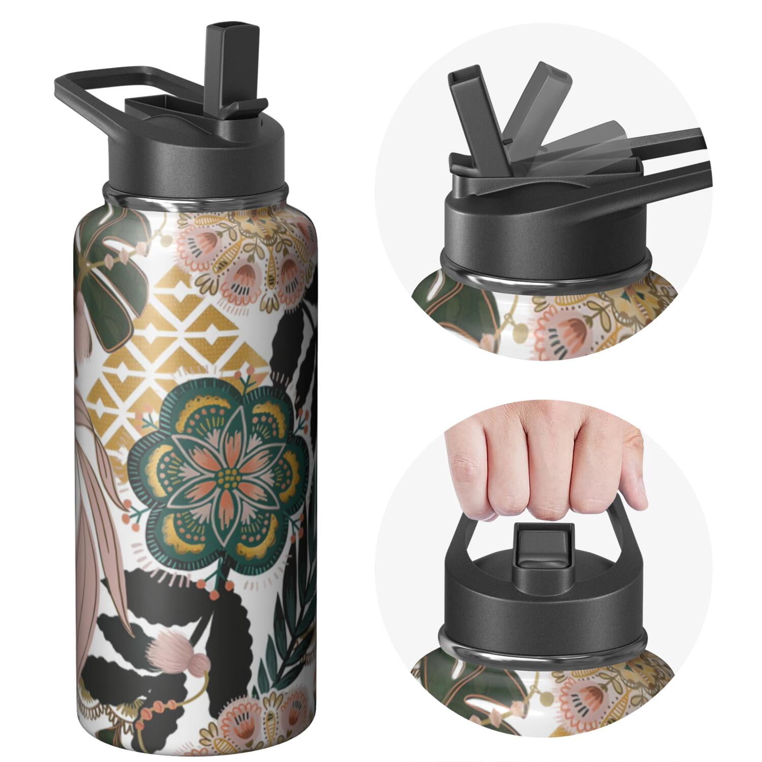 Triple Insulated 32oz Plants Themed Water Bottle with Straw, Stainless Steel Build, Leak Resistant Lids for Sports, Gym, Travel Unisex Use