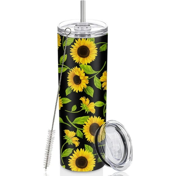 Triple-Insulated Stainless Steel Tumbler Sunflower Floral Art 20oz Cups with Lid, Straw, Brush
