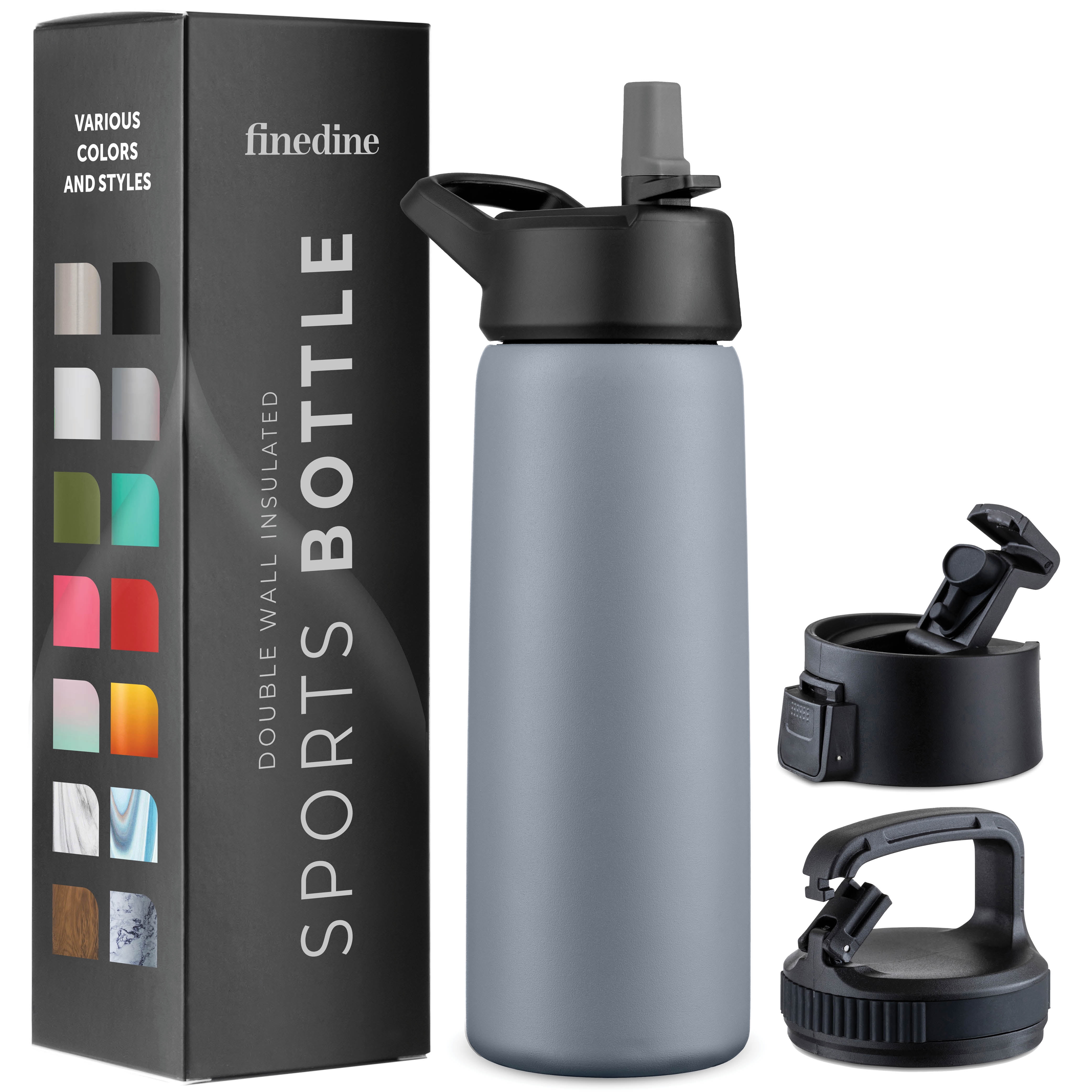 Gray Vacuum Flask Set - Insulated Water Bottle w/ 3 Cups Gift Set - Thermos  Water Bottle for Hot and Cold Drinks - Reusable Stainless Steel Water