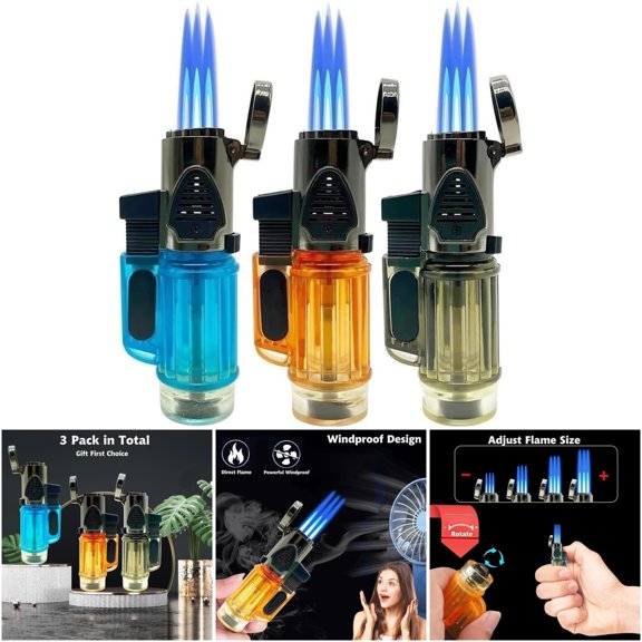 Triple Jet Flame Lighter 3-Pack, Windproof Torch Lighter with Transparent Fuel Window and Flame Lock, Refillable Butane Gas, Camping & Kitchen Use
