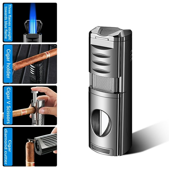 Triple Jet Torch Lighter | Direct Flame Rechargeable USB | 4-in-1 Windproof Butane Lighter | Portable Metal Pocket-Size | Durable | Cigar, Camping, BBQ, Cooking | 140g | No Gas Included