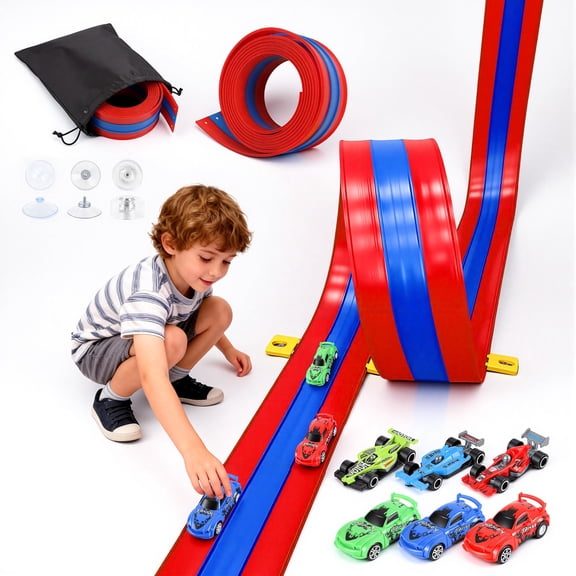 Triple-Lane Flexible Race Track for Kids - 16.4ft Suction Cup Gravity Ramp for 1/64 Cars, 3-Lane Roll Up Racetrack with 6 Vehicles, Compatible with 1/64 Diecast Cars, Gift for Boys Girls 3-12, Red