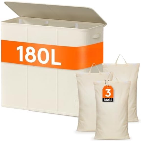 Triple Laundry Hamper with Lid and Removable Laundry Bags, Large Collapsible 3 Dividers Dirty Clothes Basket with Handles for Bedroom, Laundry Room, Closet, Bathroom, College, 180L White