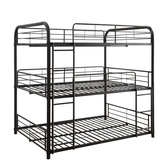 Triple Layer Full Size Metal Bunk Bed with Attached Ladder Black - Saltoro Sherpi