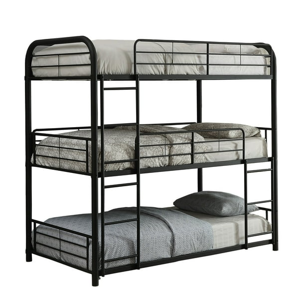 Triple Layer Full Size Metal Bunk Bed with Attached Ladder, Black