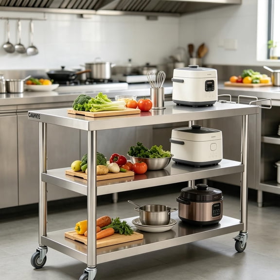 Triple Layer Heavy Duty Stainless Steel Commercial Work Table 36x24x35 in 0.7mm Thick Mobile Prep Station with Casters, Storage & Garbage Shelf, Side Hooks for Kitchen, Restaurant