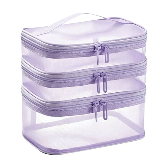 Triple Layers Cosmetic Travel Bag, Large Capacity Mesh Makeup Organizer, Water-Resistant Toiletry Case, Purple