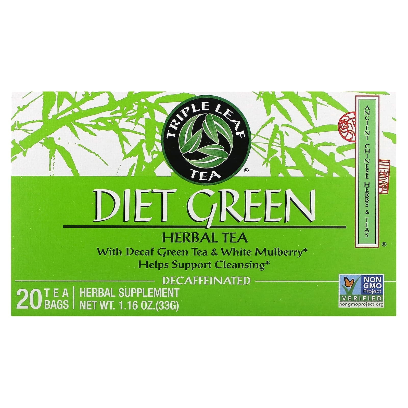 Triple Leaf Tea, Diet Green Herbal Tea, Decaffeinated, 20 Tea Bags, 1.