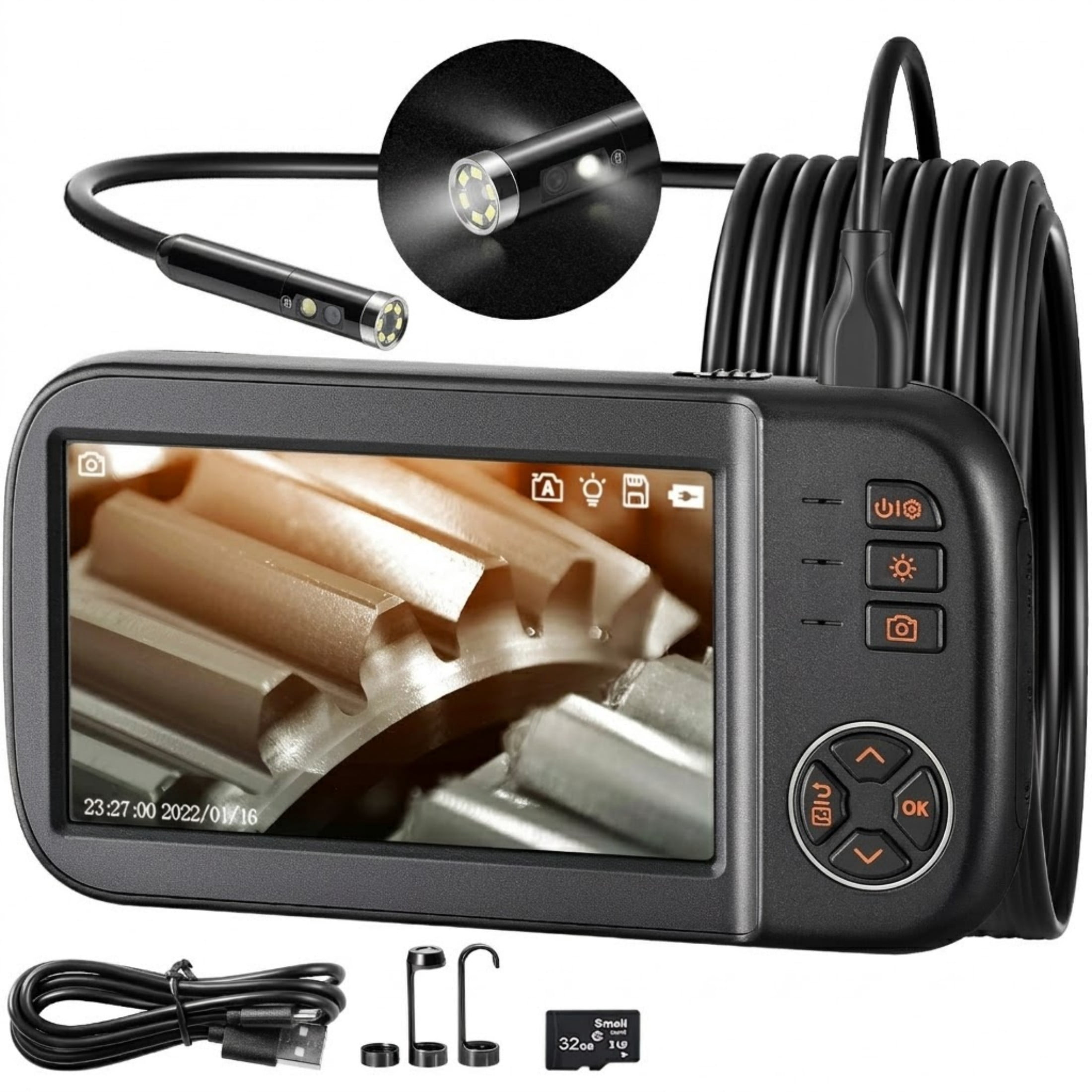 Triple Lens Borescope Camera, 4.5" IPS Screen 1080P Endoscope with 10 LEDs, 16.5ft Waterproof Cable, 32GB Card