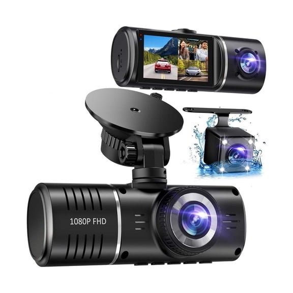 Triple Lens Car Dash Camera - 1080P FHD 3-Channel Recording with Waterproof Rear Cam, IR Night Vision & Loop Recording for Vehicle Safety