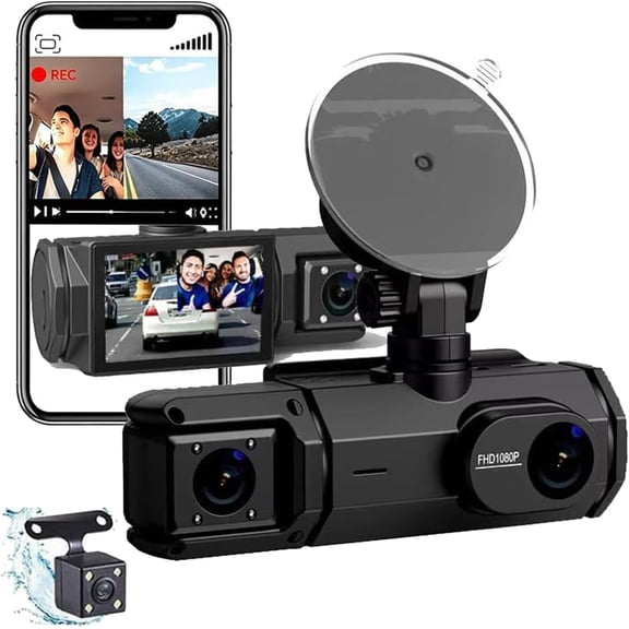 Triple-Lens Dash Camera Front Inside Rear, 1080P Three Channel Dashcam with 2.0 Inch IPS Screen, G-Sensor Parking Monitor Driving Recorder Powered by 12V Car Charger (No Card)