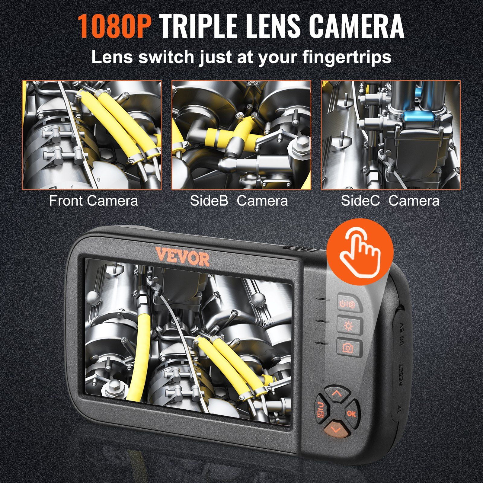 Triple Lens Endoscope Camera, 4.5" IPS Borescope Inspection Camera, Waterproof, 1080P HD, 8mm Diameter, 16.5ft Cable for Plumbing, Automotive, HVAC (with 6 LEDs)