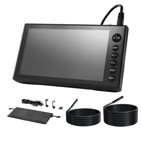 Industrial Triple Lens Endoscope Inspection Camera 7" HD IPS Split Screen Dual Cable 16.4ft+9.8ft 8X Zoom 8+2 LED IP67 Waterproof Snake Camera for Auto Plumbing HVAC Use 5000mAh Battery 32GB Card