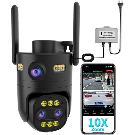 Triple-Lens Outdoor Camera Auto Zoom & ,10X (Optical+Digital) Zoom,Wired 2.4G/5G WiFi Camera for ,24/7 Continuous Recording,Plug-in,Work With NVR/DVR System
