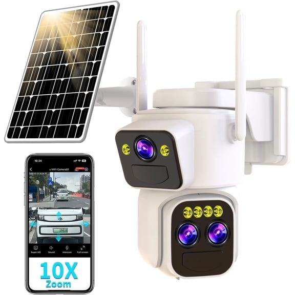 Triple-Lens Solar  Cameras  Outdoor,360?PTZ Cameras for   with 10x Hybrid Zoom,5G/2.4G WiFi,No Month Fee,PIR ,Full Color Night Vision, Two-Way Audio,IP65