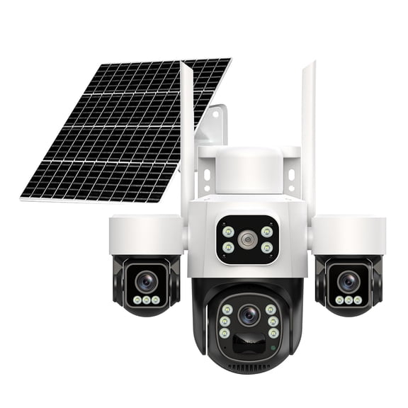 Triple Lens Solar Security Camera, 360 PTZ, IP66 Waterproof, Audio-Visual Alarm, Full Color Night Vision, Outdoor Surveillance
