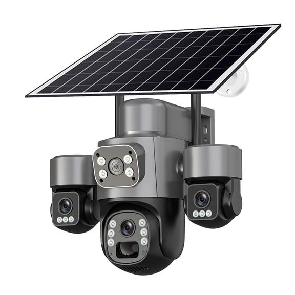 Triple Lens Solar Security Camera, 360 PTZ, Two-Way Audio, Human Detection, IP66 Waterproof, 128GB SD/Cloud Storage, Outdoor Surveillance