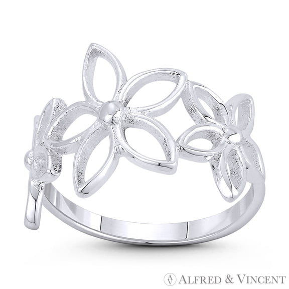 Triple Lily Flower Charm Right-Hand Statement Boho Fashion Ring in .925 Sterling Silver