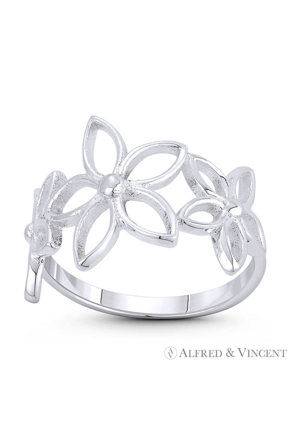 Triple Lily Flower Charm Right-Hand Statement Boho Fashion Ring in .925 Sterling Silver