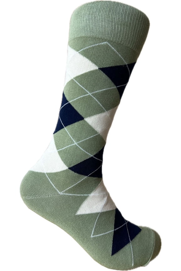 Dusty Sage with Navy and White Color Argyle Mid-calf Dress Socks for Men, One Size Fit Most(Men's Size 9-13)