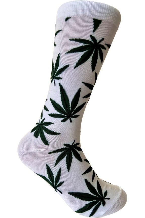 Men's Marijuana Pattern Weed Lovers Mid-calf Dress Casual Socks In White with Green Color, One size fit most