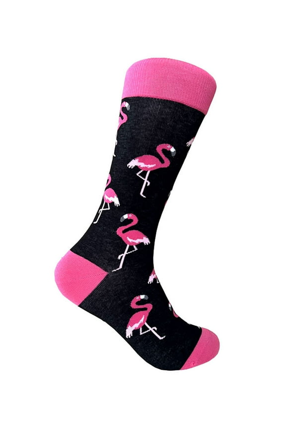 Novelty Flamingo Pattern Men's Mid-calf Dress Casual Socks In Black with Bright Pink Color