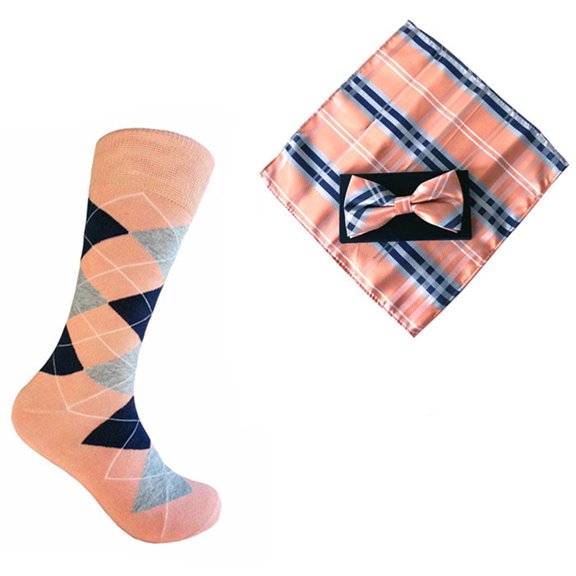 Triple M Plus Novelty Men's Argyle Socks with Bowtie and Pocket Square Set In Peach with Navy and Gray Color