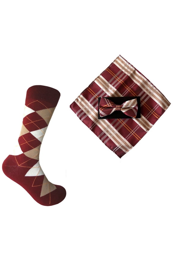 Novelty Men's Mid-calf Argyle Socks with Bowtie and Pocket Square Set In Burgundy(Wine/Claret/Sangria/Maroon) with Beige(Camel) and Off White(Cream) Color