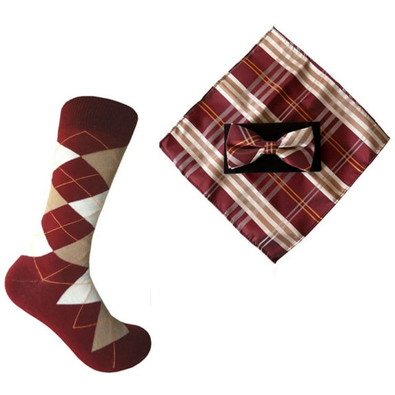 Triple M Plus Novelty Men's Mid-calf Argyle Socks with Bowtie and Pocket Square Set In Burgundy(Wine/Claret/Sangria/Maroon) with Beige(Camel) and Off White(Cream) Color