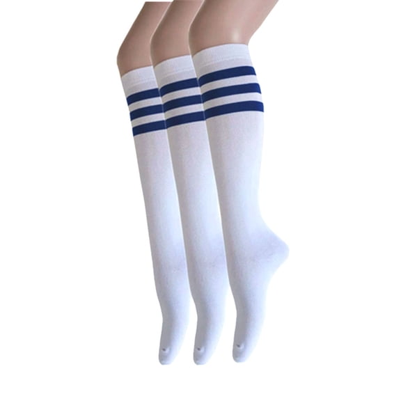 Triple M Plus Women and Girls Roller Skate Retro Triple Stripes Tube Knee High Socks In White with Blue Color 3 Pairs package
