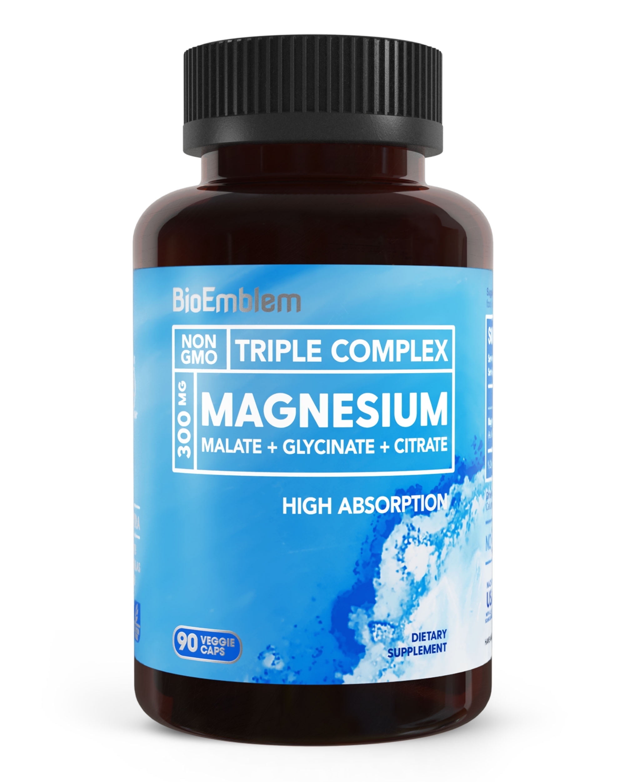 BioEmblem Triple Magnesium Complex | 300mg of Magnesium Glycinate, Malate, & Citrate for Muscle Relaxation, Sleep, Stress Relief, & Energy | High Absorption | Vegan, Non-GMO | 90 Capsules