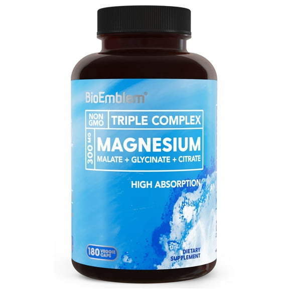 Triple Magnesium Complex | 300mg of Magnesium Glycinate, Malate, & Citrate for Muscles, Nerves, & Energy | High Absorption | Vegan, Non-GMO | 180 Capsules