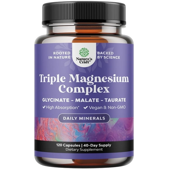 Triple Magnesium Complex 400mg per serving Elemental - High Absorption Magnesium Taurate and Glycinate Plus Malate Magnesium Blend for Sleep Muscle Bone Mood and More - Non GMO Vegan Supplement