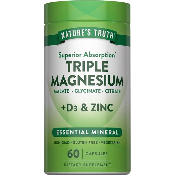 Triple Magnesium Complex Supplement | 60 Capsules | Glycinate, Citrate & Malate | with D3 & Zinc | by Nature's Truth