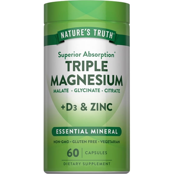 Triple Magnesium Complex Supplement | 60 Capsules | Glycinate, Citrate & Malate | with D3 & Zinc | by Nature's Truth