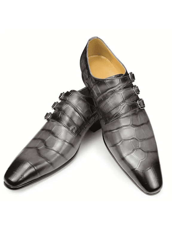 Triple Men's Monk Strap Comfortable Slip On Loafers Formal Business Casual Dress Shoes For Men Gray 10.5