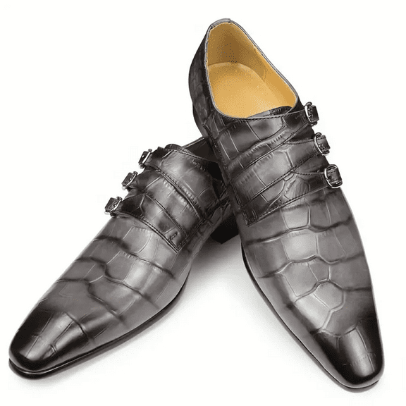 Triple Men's Monk Strap Comfortable Slip On Loafers Formal Business Casual Dress Shoes For Men Gray 8