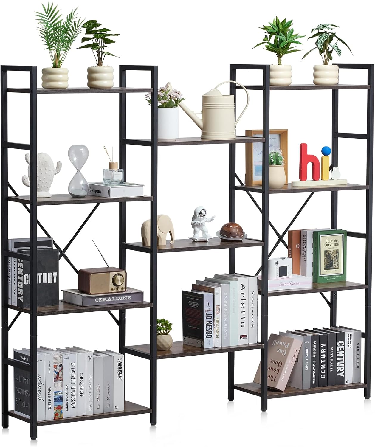 Triple Metal Bookshelf, 11-Tier Industrial Bookshelf, Large Rustic ...