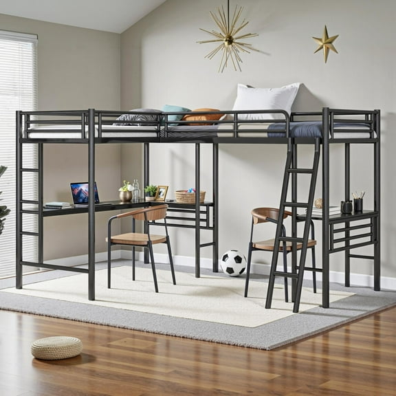 Triple Metal Bunk Bed,L-Shaped Metal Triple Bunk Bed with Desk and Shelf , Twin Over Twin Bunk Bed with Twin Loft Bed Attached , 3 Bed Bunk Beds for Small Space