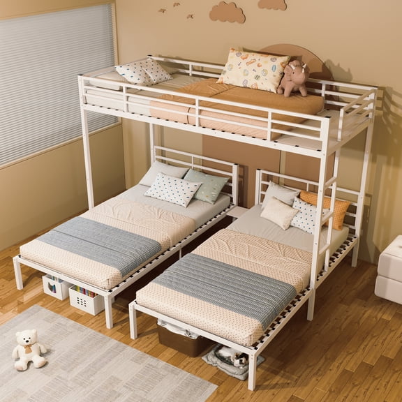 Triple Metal Bunk Bed, Separates into 3 Twin Beds, L-Shape or Triple Stack, Full-Length Guardrails, Noise-Reduced, No Box Spring Needed, White