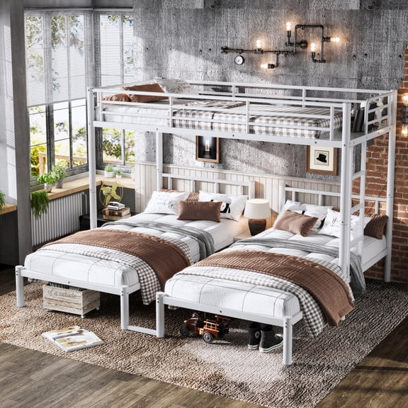 Triple Metal Bunk Bed, Twin over Twin & Twin XL 3-Bed Bunk Bed,White