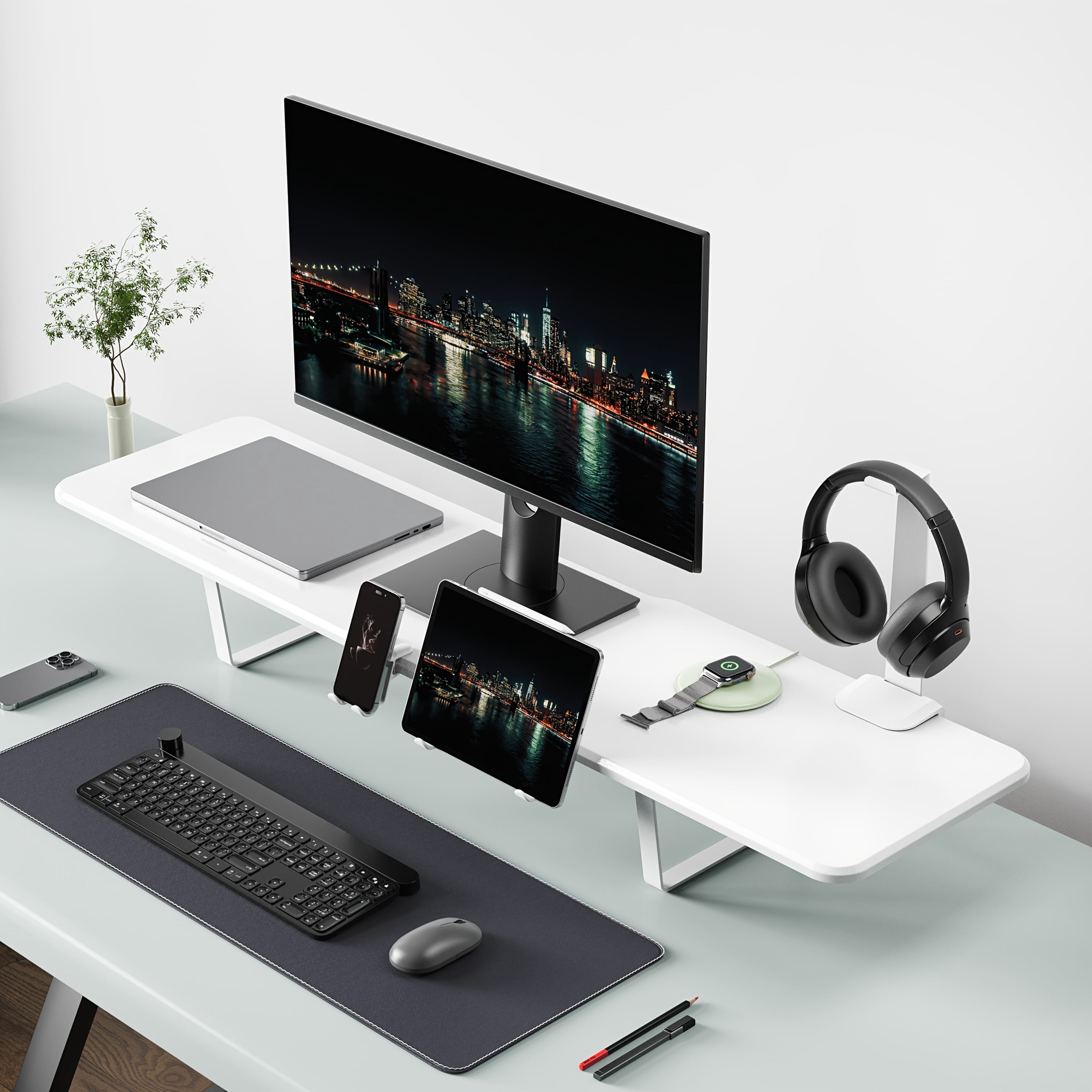 Triple Metal Feet Monitor Riser with Headphone Stand & Tablet/Phone ...